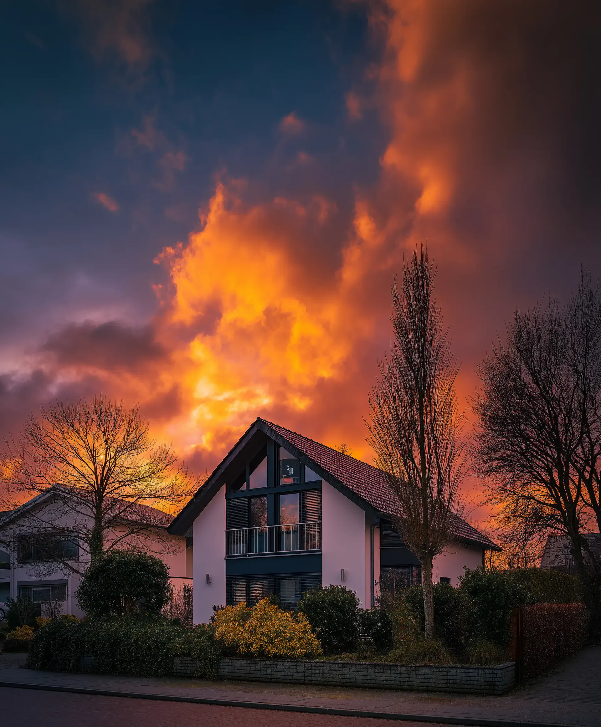 Einfamilienhaus mit dramatischem, feuerrotem Himmel bei Sonnenuntergang.